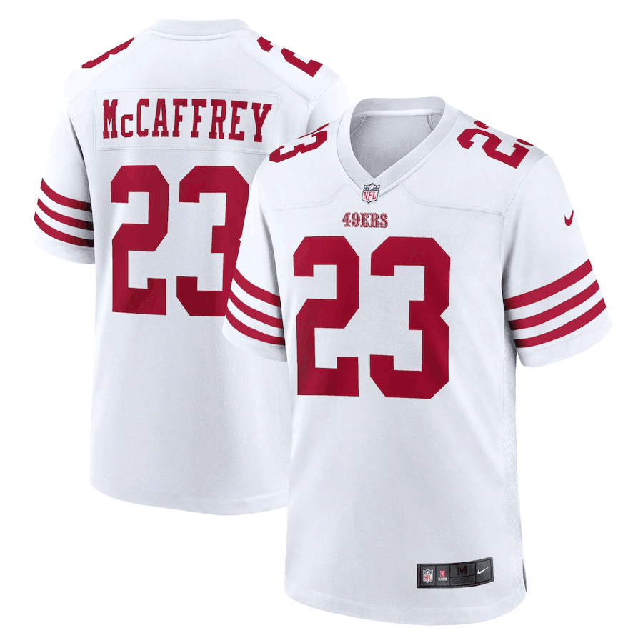 Men's San Francisco 49ers #23 Christian McCaffrey 2022 White Stitched Football Game Jersey